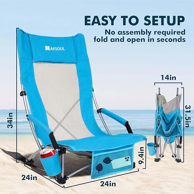 AKSOUL Folding Beach Chair for Adults: Low/High Back Chairs with Carry Bag - Extra Wide Seat Chair with Comfortable Pillow & Storage Pocket (1 Pack & 2 Pack, Blue)