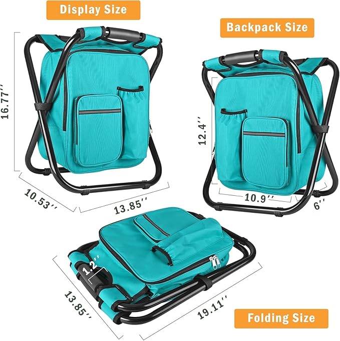 Kikerike Backpack Stool Cooler Chair Heavy Duty 300 LBS Max Load Portable Lightweight Stool Backpack Folding Fishing Cooler Seat for Camping Hunting Fishing - Blue-Green