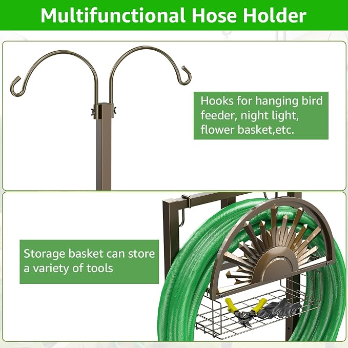 GOFORWILD Heavy Duty Garden Hose Reel with 2 Shepherds Hooks, Holds 150-Feet of 5/8 Inch Hose, 77Inch Freestanding Hose Hanger with Storage Basket