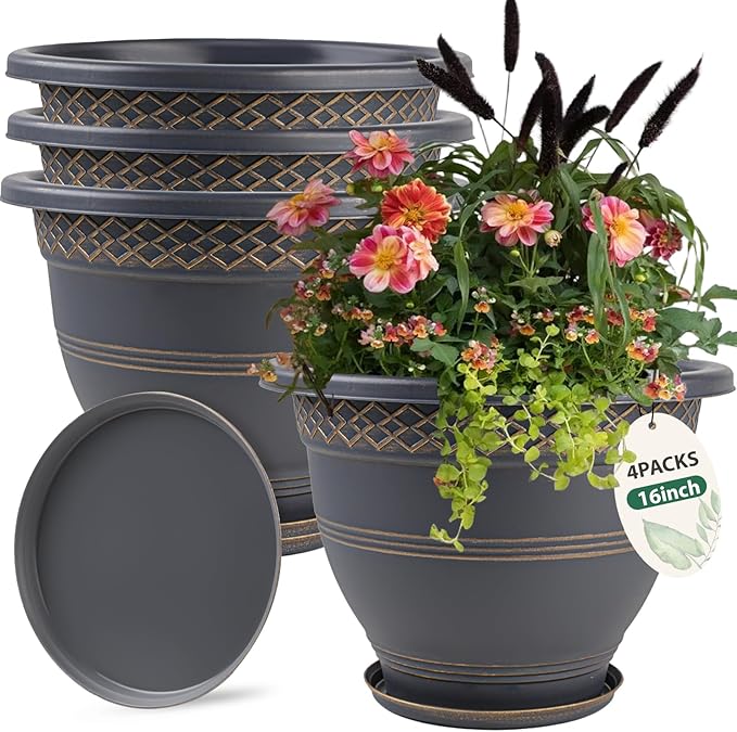 4 Pack 16 Inch Large Plant Pots, Plastic Flower Pot for Indoor & Outdoor with Drainage Holes & Saucer, Plaid Pattern Planters Garden Pots for Herbs Gold