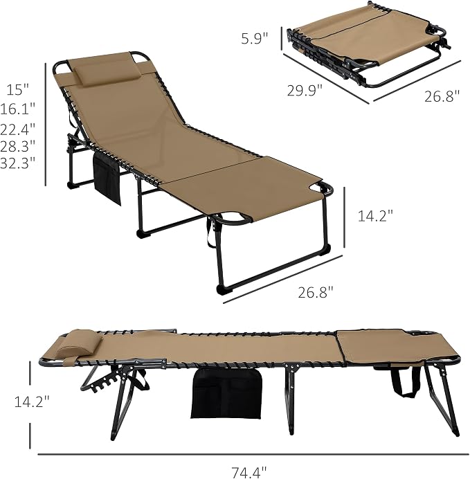 Outsunny 2 Piece Folding Chaise Lounge with 5-Level Reclining Back, Tanning Chair with Face Hole, Outdoor Lounge Chair with Side Pocket & Headrest for Beach, Yard, Patio, Beige