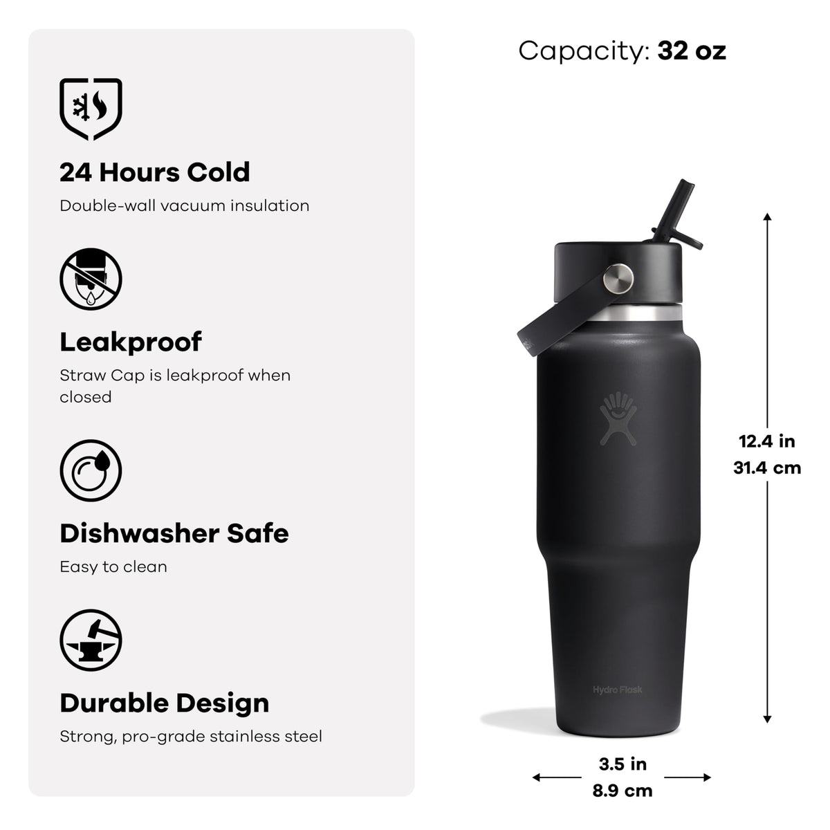 Hydro Flask Travel Water Bottle - Insulated Stainless Steel - Wide Straw Lid, Non Spill, Leakproof in 32 Oz Tonal Black