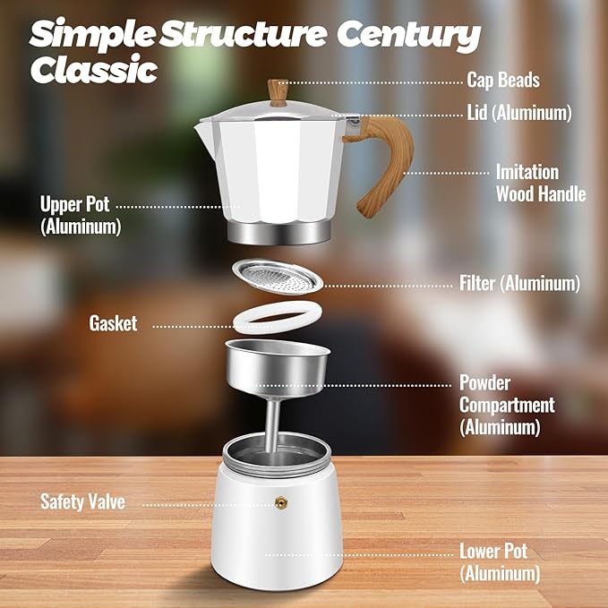 3 Cup Aluminum Moka Pot Classic Stovetop Espresso Coffee Maker 150ml 5oz Coffeemaker Percolator Mocha Express Preferred Cafe Makers for Italian and Cuban Café Brewing White
