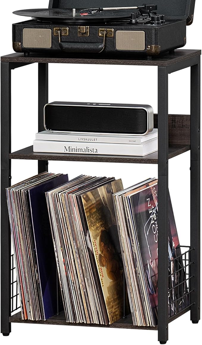 LELELINKY Walnut Oak 18" Wide End Table,3 Tier Large Record Player Stand with Storage Up to 130 Albums,Modern Turntable Stand, Records Vinyl Shelf for Living Room, Bedroom, Printer Desk for Home Office