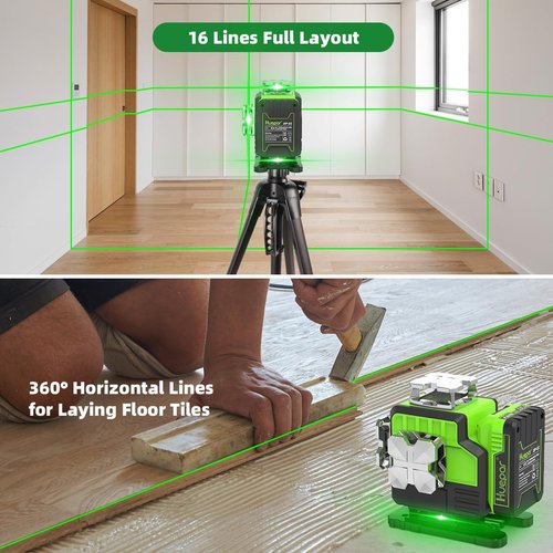 Huepar 4D Green Cross Line Laser Level - Self-Leveling 16 Lines with Bluetooth & Remote Control | 12V Battery
