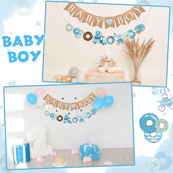 2 Pcs Baby Boy Shower Decorations Pre-Strung Baby Boy Burlap Banner and Donut Toy Banner for Gender Reveal Birthday Party Decorations