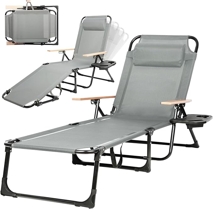 Outdoor Chaise Lounge Chair with 4-Position Adjustable Backrest, Patio Folding Sun Tanning Chair, Pillow & Cup Holder, Portable Recliner Sunbathing Lounger Chairs for Pool Beach Lawn Garden (Grey)