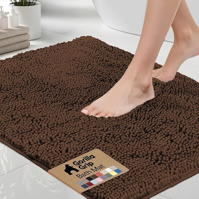 GORILLA GRIP Bath Rug Mat 48x17, Thick Soft Absorbent Chenille, Quick Dry Microfiber Mats, Rubber Backing Washable Shower Floor Rugs, Bathmat Runner, US Designed Bathroom Home Decor Accessories Brown