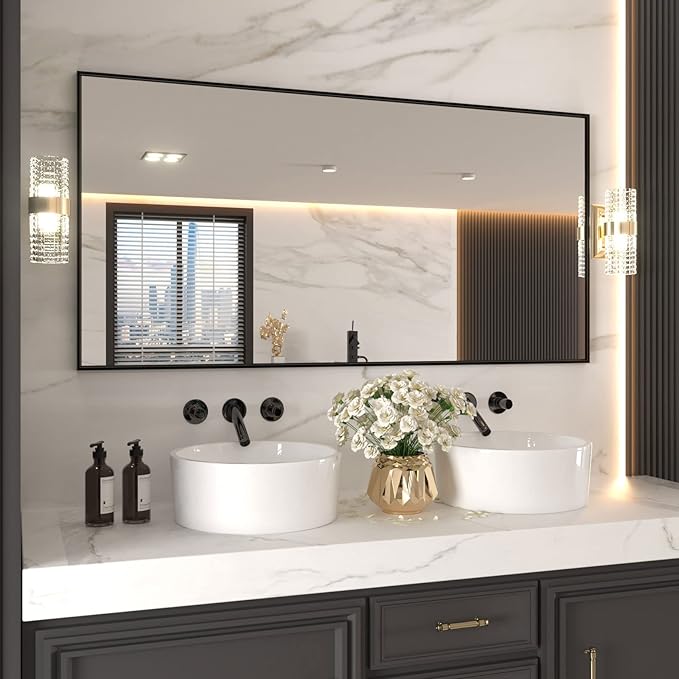 LOAAO 72"X36" Black Rectangle Bathroom Mirror Wall, Matte Black Aluminum Alloy
