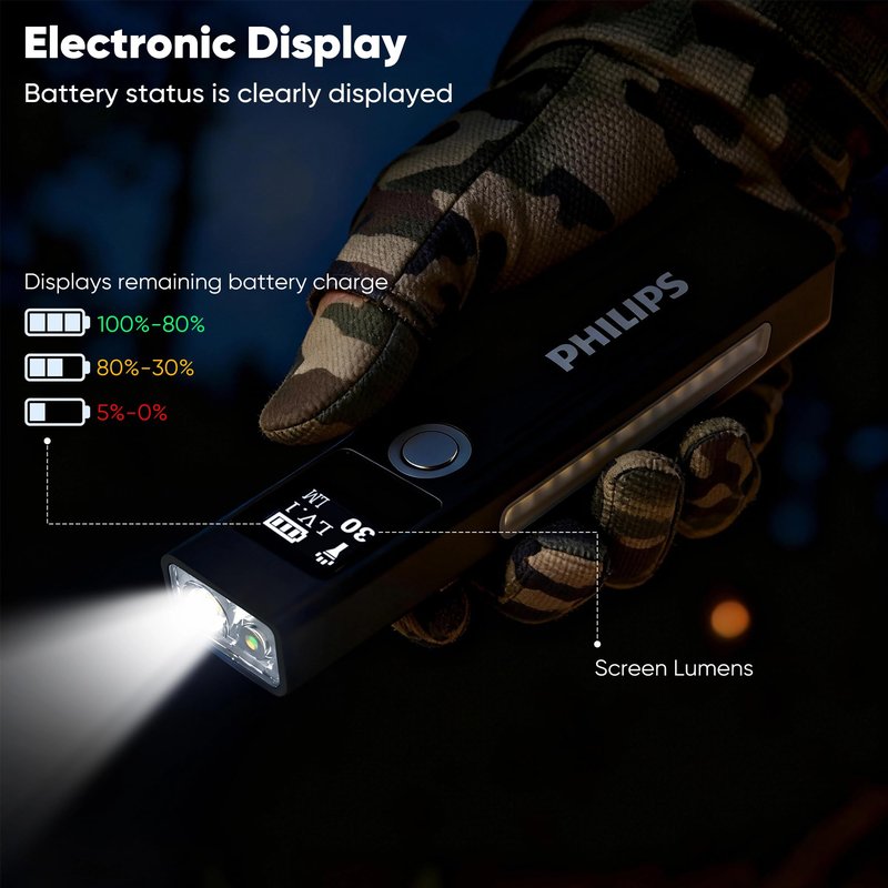 PHILIPS SFL6256 Rechargeable EDC Flat Flashlight with Green Laser, Warm and White LED Combo,1200 High Lumens Aluminium Portable Pocket Lights with 9 Modes,Triple Sources for Outdoors Emergency Working