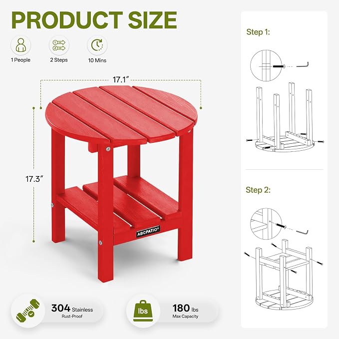 Outdoor Side Table Round - Patio Side Tables - HDPE Small Outdoor End Table for Backyard Pool Porch Balcony - Double Layer Storage - Red (Wood Grain Finish)