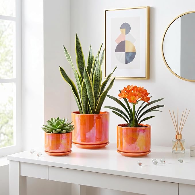 EFISPSS Ceramic Plant Pots,4+5+6 Inch Ceramic Indoor Pots for Plants with Drainage Hole,for Succulent Cactus,Pothos,Snake Plant Gift for Plant Lovers Set of 3 - Orange Pearl Glaze Plant Pots