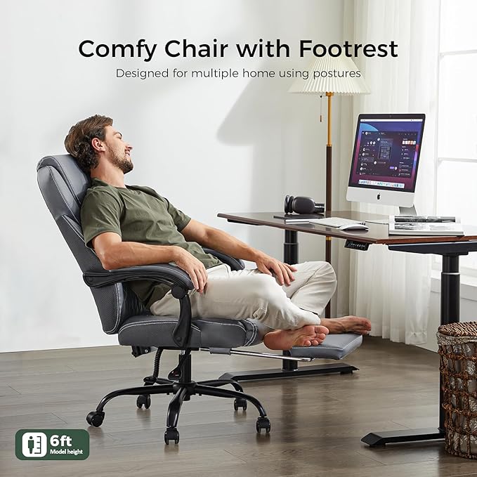 Office Chair, Big and Tall Office Chair with Foot Rest Ergonomic Chair Home Office Desk Chairs Reclining High Back Leather Chair with Lumbar Support(Gray)