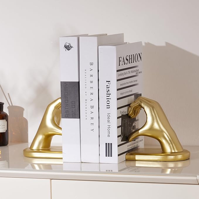 Book Ends Heart Design for Mom, Gold Bookends for Shelves, Non-Skid Bookend, Heavy Duty Resin Book Stopper for Books, Decorative Holder, Gifts for Mother's Day 10.43 x 3.93 x 5.51’’, Gold