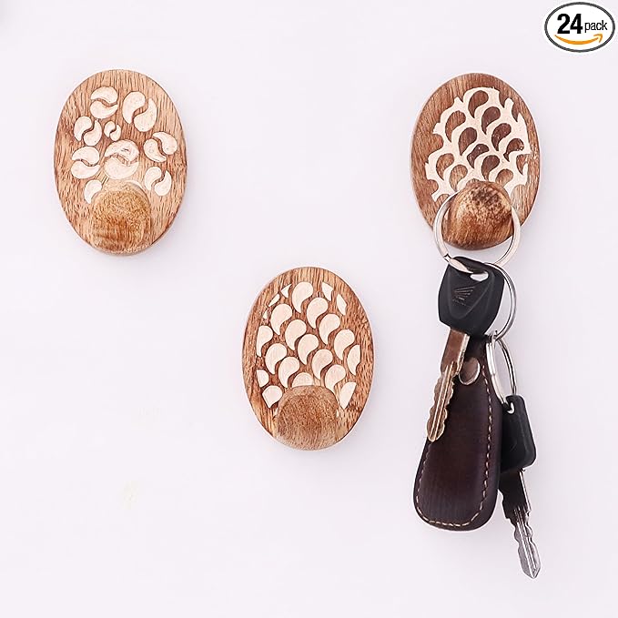 IndianShelf 6 Lb- 24 Pieces Decorative Wood Adhesive Wall Hooks–Boho Peel and