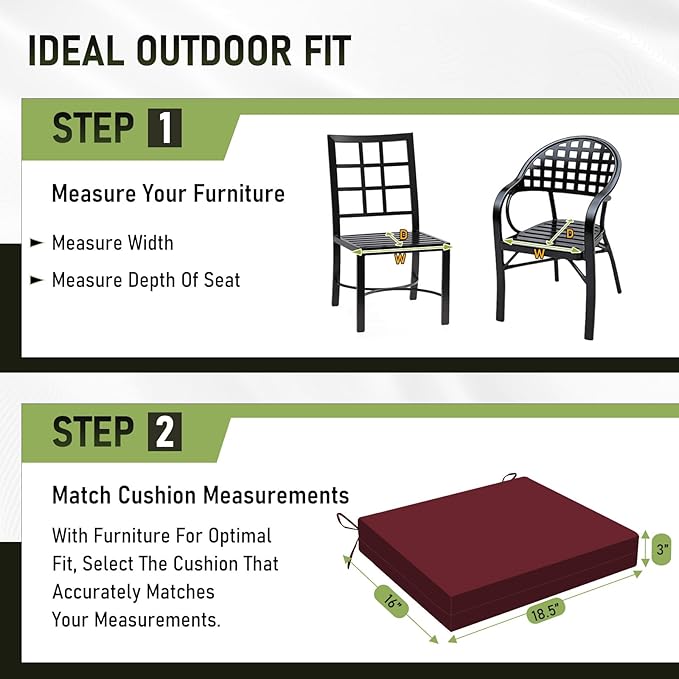 Basic Beyond Outdoor Chair Cushions Set of 4, Square Corner Outdoor Cushions for Patio Furniture, Water Resistant Patio Chair Cushions with 2 Ties, 18.5x16x3, Burgundy