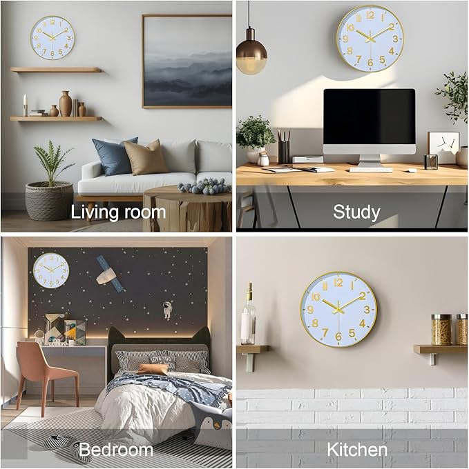 Gold Wall Clock, 8 Inch Wall Clocks Battery Operated, Round Modern Non Ticking