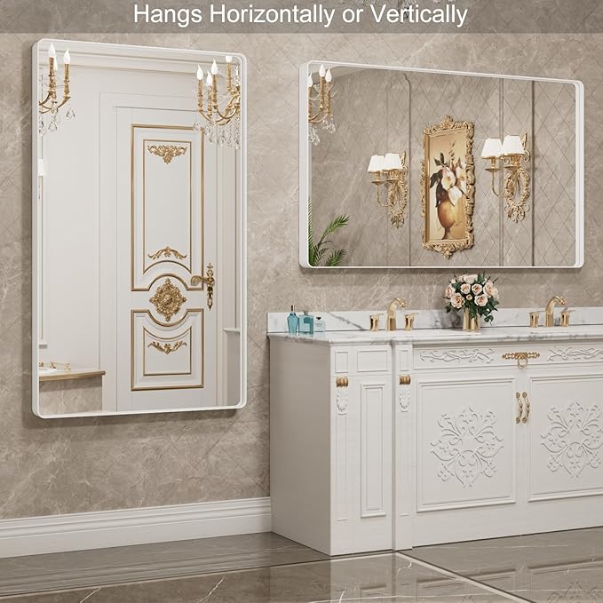LOAAO 50x30 Inch White Metal Framed Bathroom Mirror for Wall, White Bathroom Vanity Mirror Farmhouse, Large Rounded Rectangle Mirror, Anti-Rust, Tempered Glass, Hangs Horizontally or Vertically