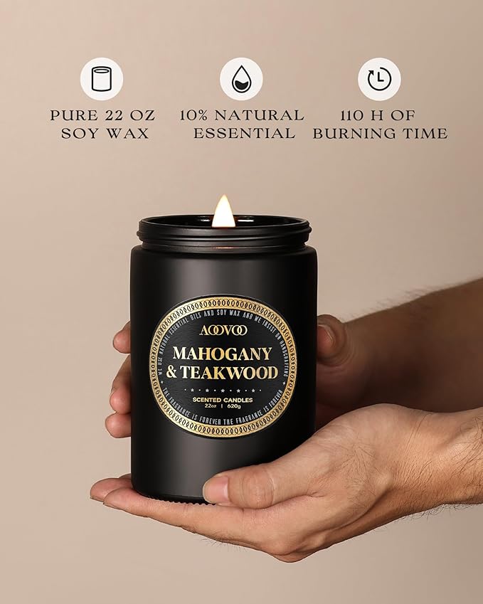 AOOVOO Scented Candles for Men - Large Mahogany & Teakwood Candles for Home Scented | Crackling Wood Wick Soy Candle | Strong Fragranced Masculine Black Candle Gift for Women & Men, 22oz