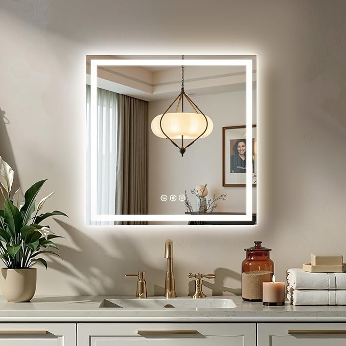 30x30 LED Bathroom Mirror with Lights, Backlit + Front Lit, Lighted Bathroom