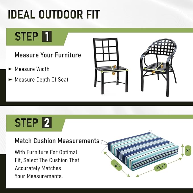 Basic Beyond Outdoor Chair Cushions Set of 2, Square Corner Outdoor Cushions for Patio Furniture, Water Resistant Patio Chair Cushions with 2 Ties, 18.5x16x3, Pinstriped Blue