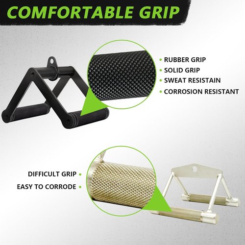 Double D Row Handle - Cable Attachment for Weight Training - Steel with Non-Slip Rubber Grip (Black)