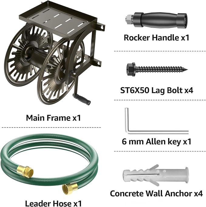 GOFORWILD Metal Decorative Wall Mount Hose Reel - Heavy Duty, Leak-Proof Connection, Holds 200ft x 5/8 Hose, Bronze Finish, Easy Assembly