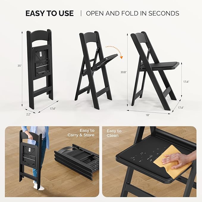 VINGLI Resin Folding Chairs with Cushion, Foldable Plastic Chair with Comfortable Padded Seats, Perfect for Event Party Indoor Outdoor, Black, 1 PC