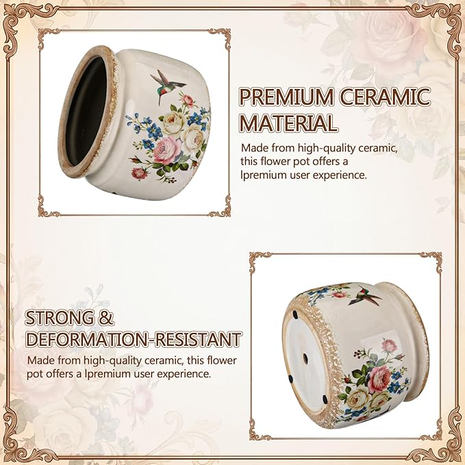 7.7″ Large Vintage Ceramic Plant Pot with Hummingbird Bloom Pattern Cream White Rustic Planter with Ice Crackle Glaze & Drainage Hole for Indoor Outdoor Plants Home Kitchen Office Decor Gift