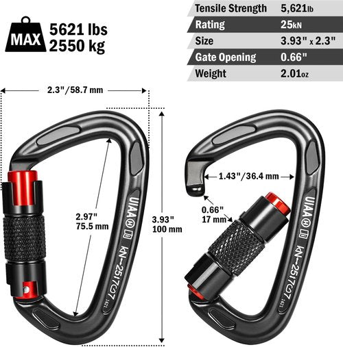 FresKaro UIAA Certified 25KN Auto Locking Climbing Carabiner Clips, Twist Lock, and Heavy Duty Carabiners for Rock Climbing, Rappelling, and Mountaineering, D Shaped