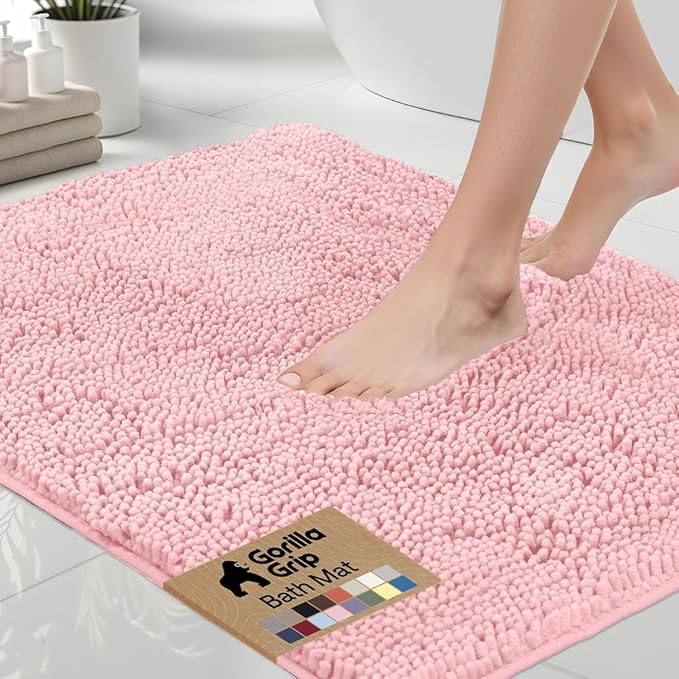 GORILLA GRIP Bath Rug Mat 30x20, Thick Soft Absorbent Chenille, Quick Dry Microfiber Mats, Rubber Backing Washable Shower Floor Rugs, US Designed Bathroom Bathmat Home Decor Accessories, Light Pink
