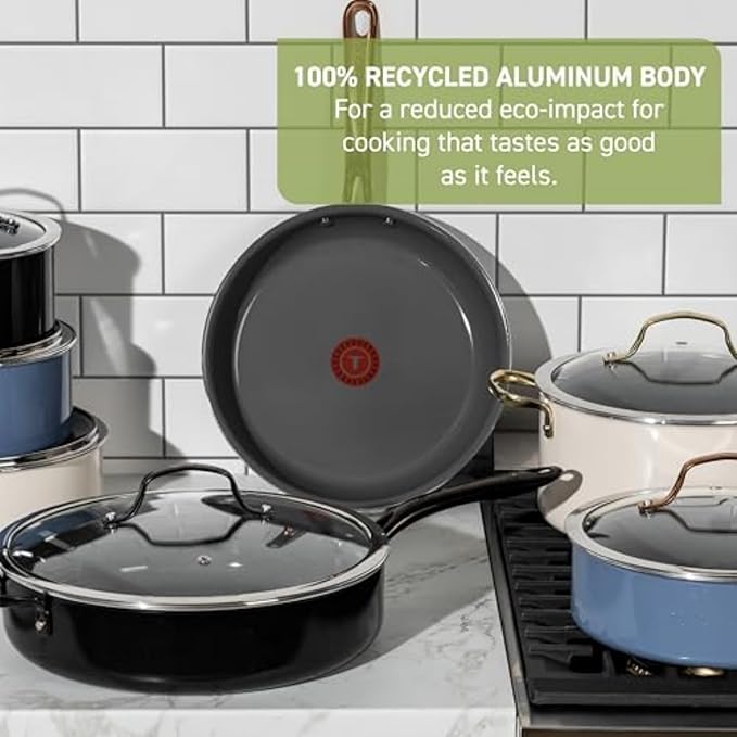 T-Fal Preserve Ceramic Nonstick Frying Pan Skillet 12-inch, Made without PFOA and PTFE, Oven Broiler Safe up to 350°F Cookware, InoCeram Glide Technology, Frying Pan, Skillet Pots & Pans, Blue