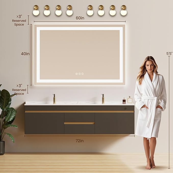 60X40 LED Bathroom Mirror with Lights, Backlit + Front Lit, Lighted Bathroom