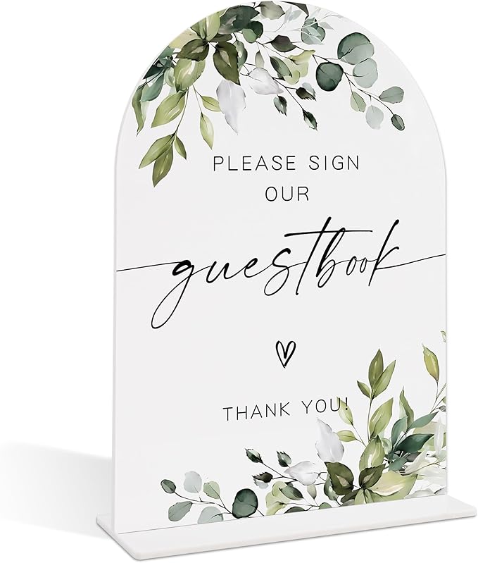 Wedding Signs for Reception, Green Leaves Please Sign Our Guestbook, Wedding Reception Signage, Bridal Shower Table Decorations with Base, Supplies for Proposal, Bridal Shower Events and Ceremony, 14