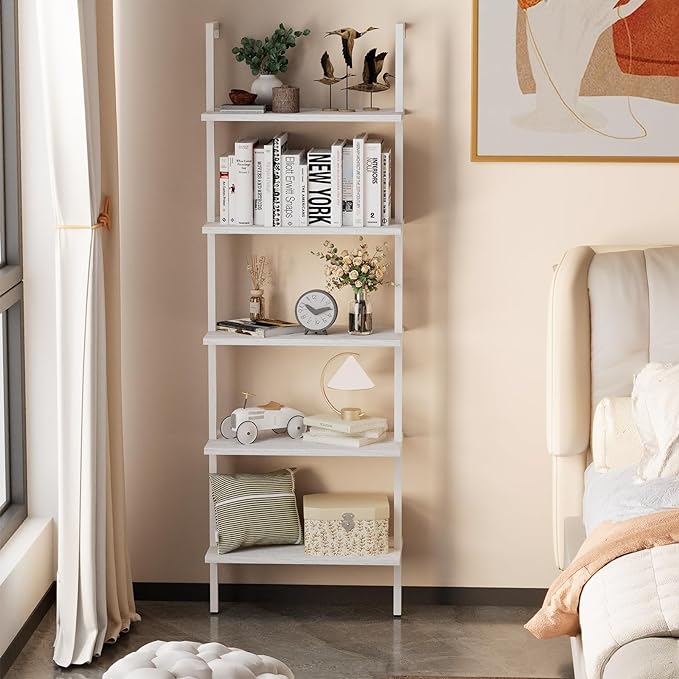 aboxoo Ladder Shelf 2 PCS White Bookshelf 5-Tier Wooden Open Shelf Wall-Mounted