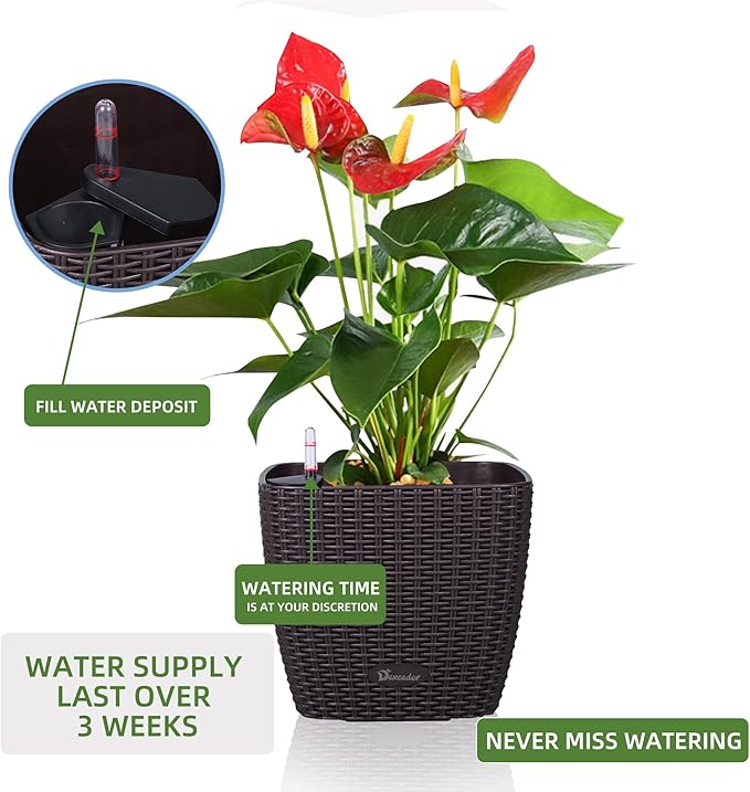 Dexceder 9x8 Self Watering Planter Indoor Outdoor, Inner Mat Design, Thickened Table Flower Plant Pot with Water Level Indicator (Brown Rattan)