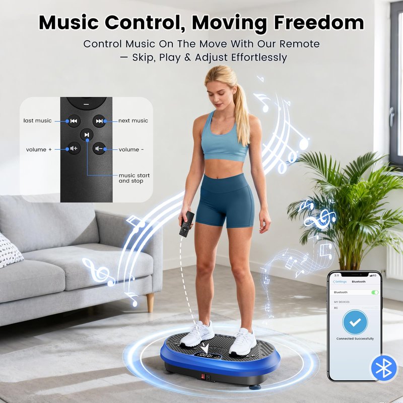 Vibration Plate Exercise Machine, Vibrating Fitness Platform for Lymphatic Drainage, Full Body Shaker Workout Equipment, Bluetooth Power Shaping Vibrate Plate, Board Sport for Home Exercise Gym, Blue