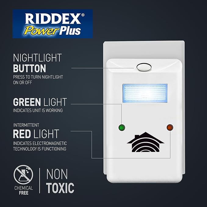 RIDDEX Power Plus Insect Repellent | Plug in, Mouse Deterrent - Pest Control for Defense Against Rats, Mice, Roaches, Bugs and Insects | Control Pests with No Toxins with Side Outlet
