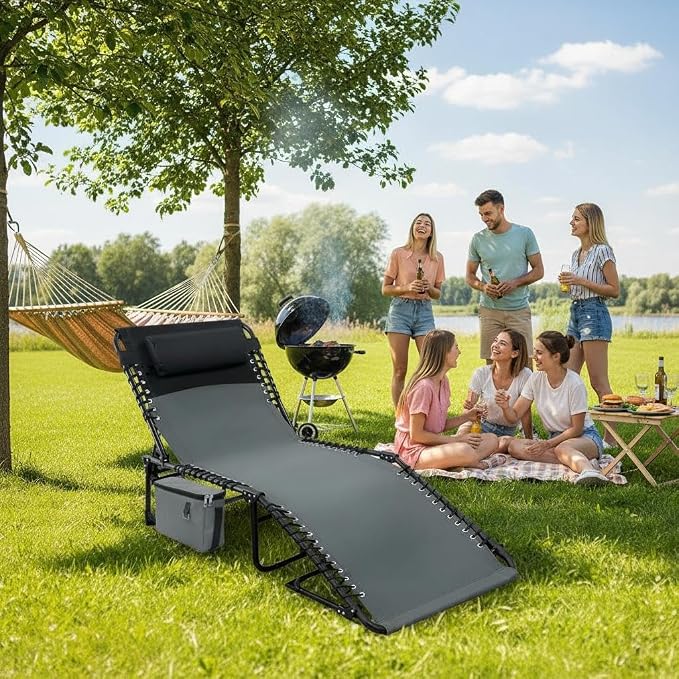 Folding Outdoor Chaise Lounge Chair, 5-Position Adjustable Sun Tanning Chair with Removable Pillow, Side Pocket & Carry Handle for Beach, Garden & Pool