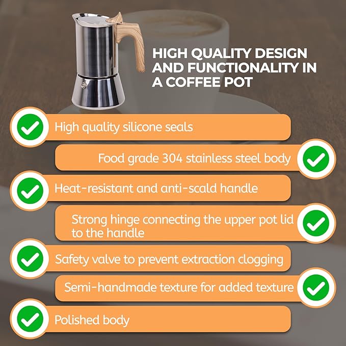 Uncoated 6 Cup Moka Pot 304 Thickened Stainless Steel Coffee Maker Stovetop Espresso Coffeemaker Italian Classic Style Brewing Greca Cafe Mocha Machine for Cafeteras Camping Travel Home 300ml 10oz