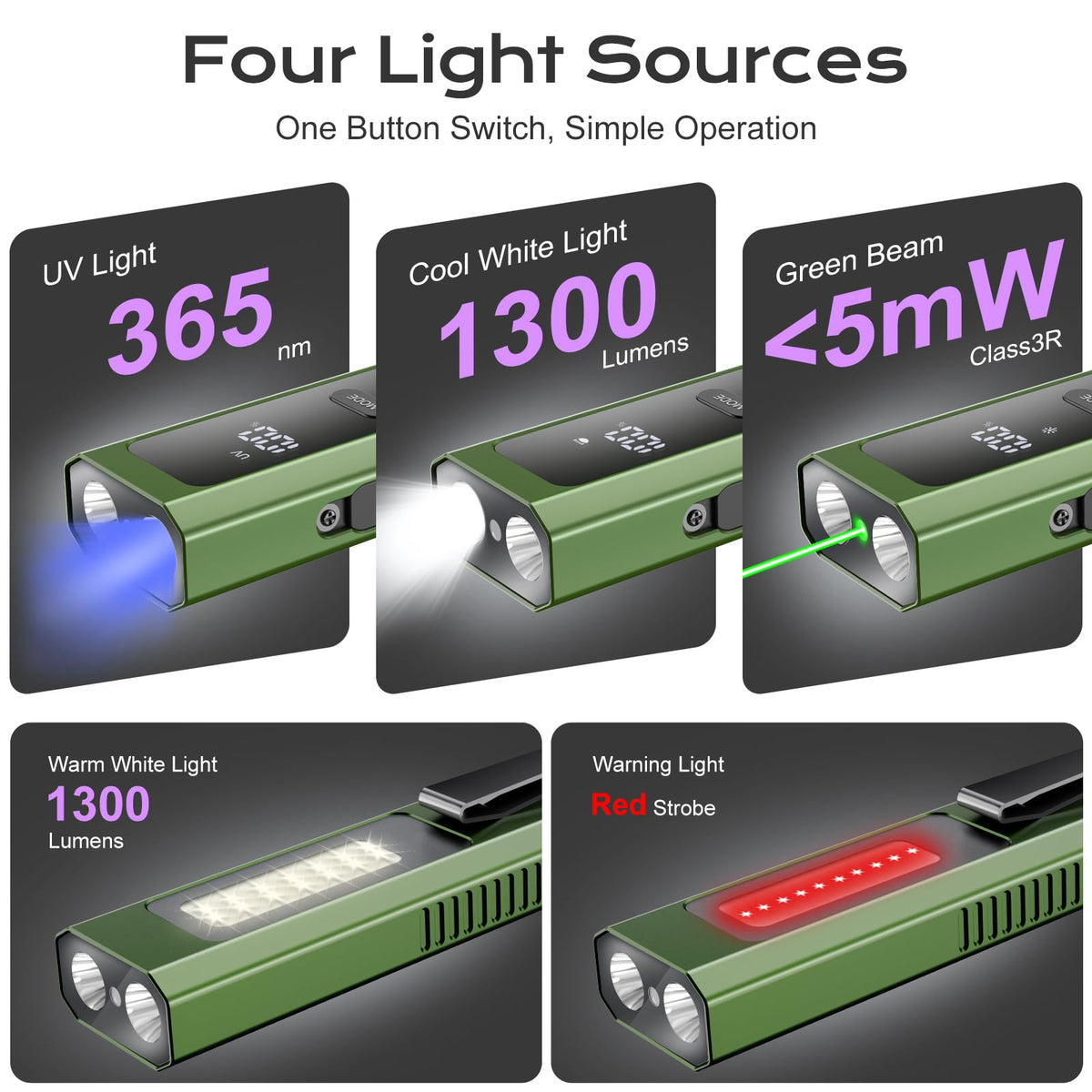 Acoszero EDC Flashlight 4 in 1 Pocket Magnetic Slim Flat Flashlight High Lumens Work Light with Green Beam & UV Light & Warning Light Combo EDC Rechargeable LT-010 (Green Color)