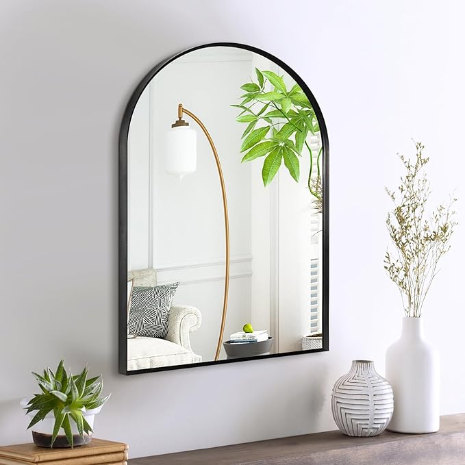16" x 20" Black Arched Mirror, Arch Bathroom Wall Mirror, Metal Frame Arched