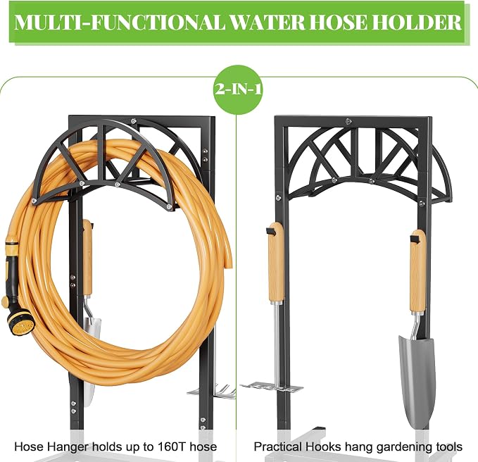 Mr IRONSTONE Garden Hose Holder Freestanding with 4 Spikes, Upgraded Water Hose Holder with Stainless Steel Screws, Heavy Duty Hose Stand Holds (Deep Black)
