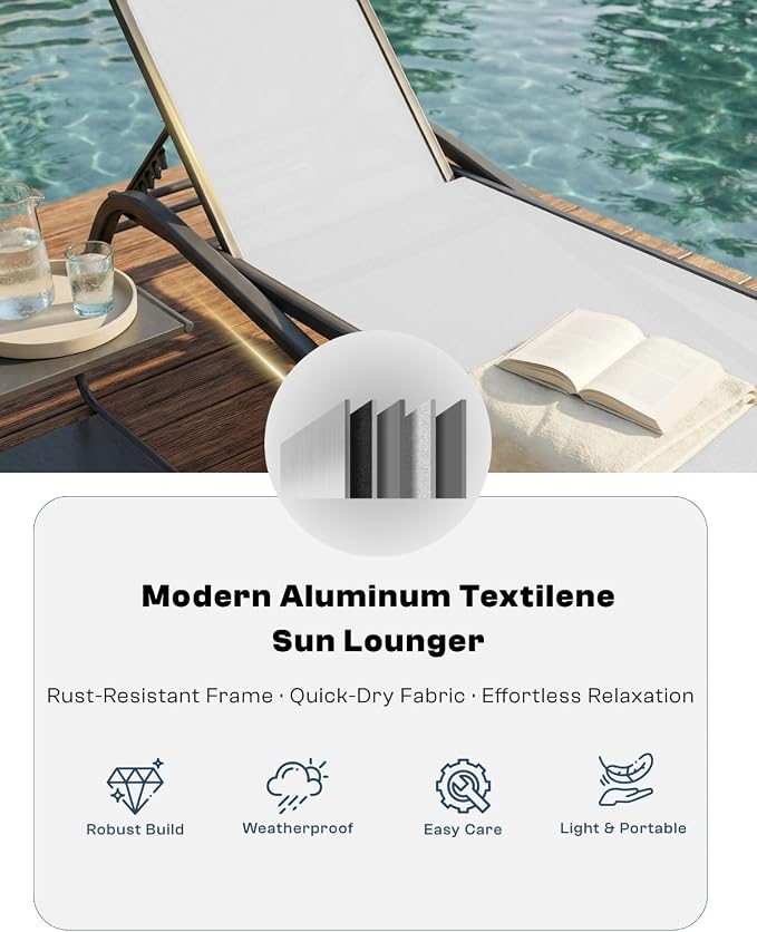 Adjustable Patio Chaise Lounge Chair, Outdoor Pool Lounger for Sunbathing & Tanning, All-Weather Textilene Sun Bed for Beach, Porch & Deck, Rust-Proof Aluminum Frame, White