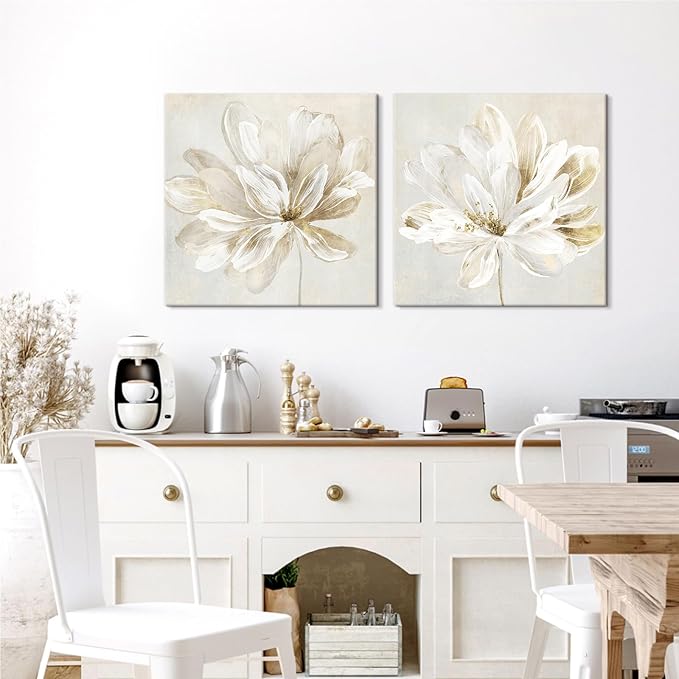 SEVEN WALL ARTS 2 Pcs Beige and Gold Flower Wall Art Blooming Flower Abstract Floral Artwork Canvas Print Poster for Living Room Bedroom Office Wall Decor 24"x24"