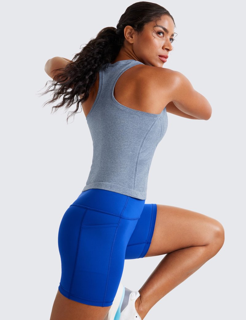 CRZ YOGA Seamless Workout Tank Tops for Women - Athletic Running Gym Sleeveless Shirts Crewneck Racerback Breathable Oasis Blue Heather Large