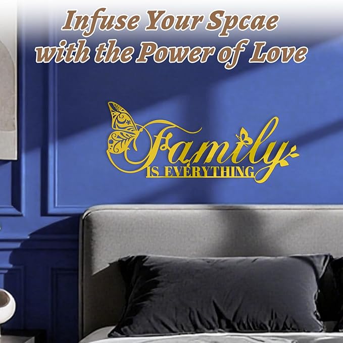 Golden Family Signs Metal Wall Art Home Decor, Family Is Everything Words Sign Modern Wrought Iron Hanging Door Plaque Letters Decoration for Living Room Photos Dining Room Bedroom Housewarming Christmas