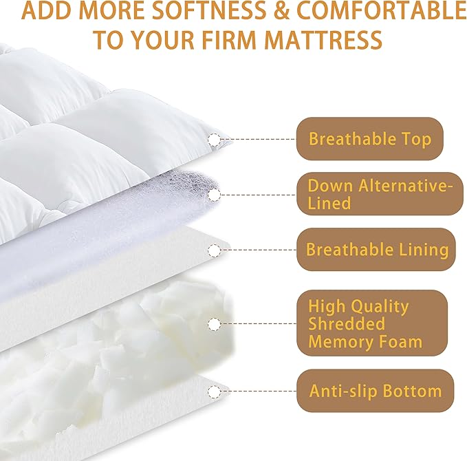 WhatsBedding 3 Inch Memory Foam Mattress Topper Queen Size for Back Pain, 1700GSM Fluffy Shredded Memory Foam Filled Pillow Top, Extra Soft Bed Topper, Thicked Down Alternative-Lined, 60x80in