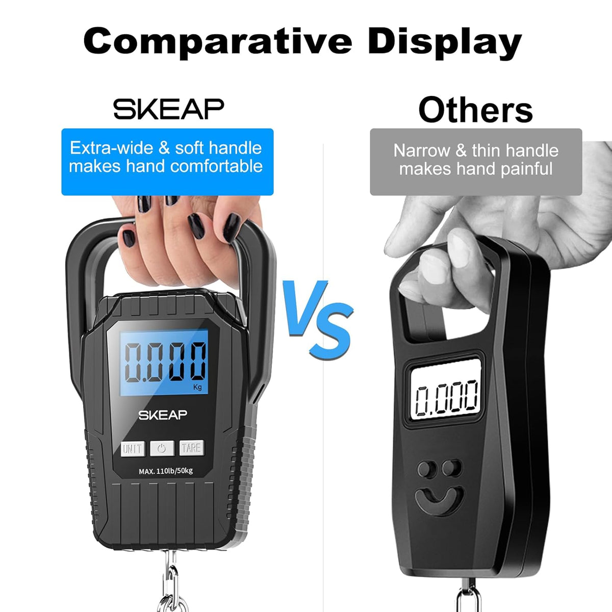 SKEAP Digital Fish Scale - 110lb Capacity | Backlit LCD Display & Large Handle - Black