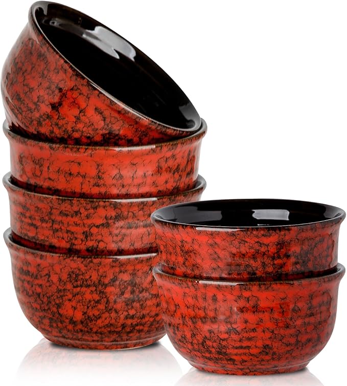 Hasense 20 Ounces Cereal Bowls, Ceramic Soup Bowls Set of 6, Snack Bowls for Kitchen, Salad, Pasta, Rice, Oatmeal, Microwave & Dishwasher Safe, Red